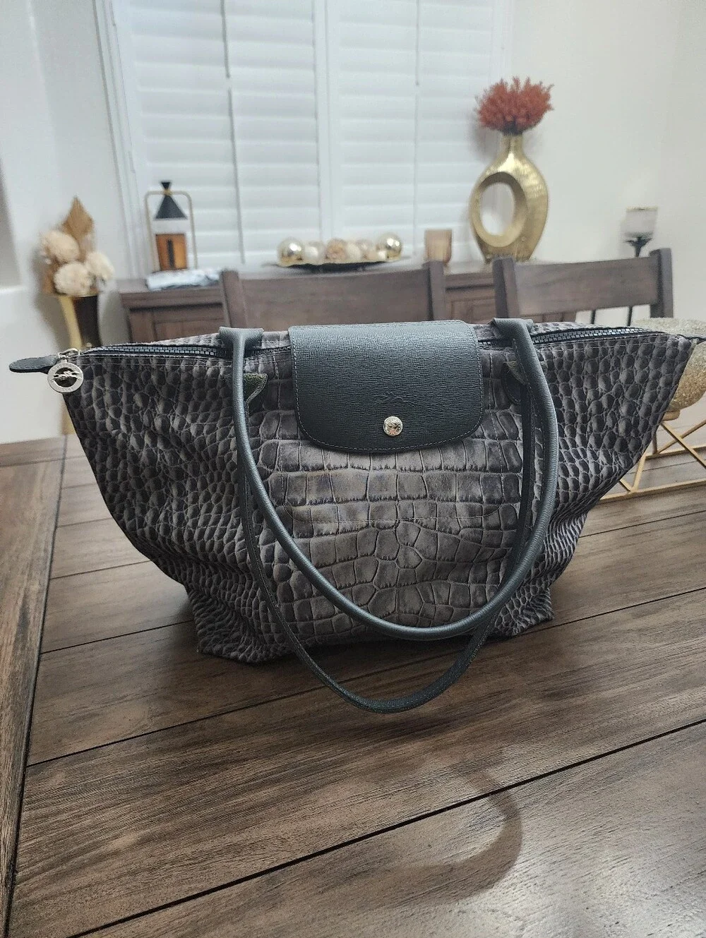 Longchamp Croc Print Nylon Tote Bag in Dark Gray With Grey Leather Handles